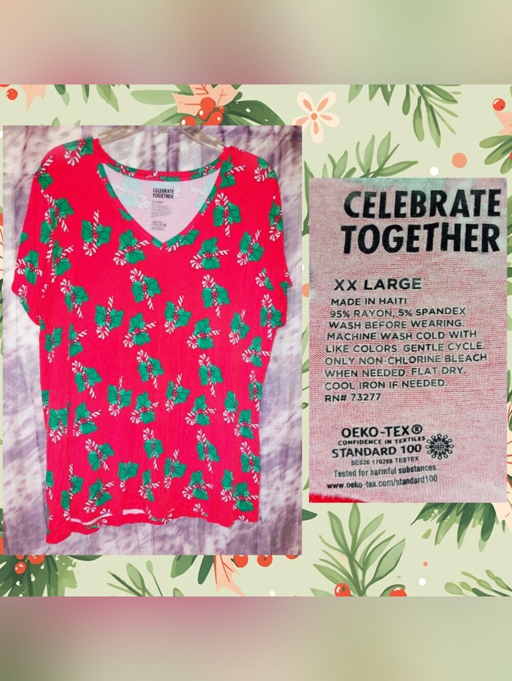 Celebrate Together Red/Grn/White Christmas Theme S/S Soft Knit Top XXL(14/16/18)